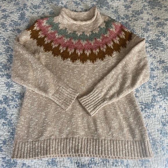 L.L.Bean Cotton Ragg Nordic Fair Isle Ski Funnel Neck Pullover Sweater Size M - Picture 2 of 9